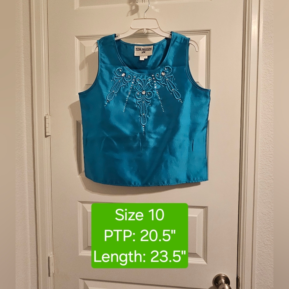 Nina Massini Sleeveless Satin Top with Beaded Embroidery, EUC, Size 10